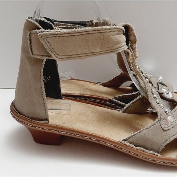 RIEKER \ Studded Gem Low Heel Open Toe Sandal Ankle Strap Taupe Gray Eur 37 US 6 - Picture 4 of 15